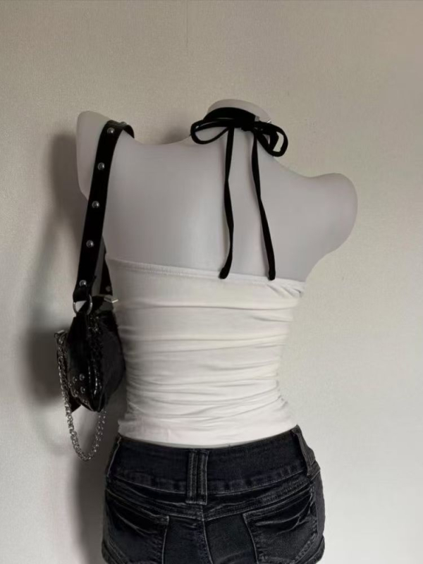Gothic Black White Skull Print Halter Tank Top Retro Y2K Print Fitted Top